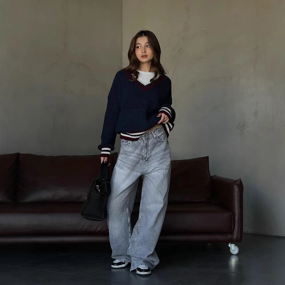

American retro college style V-neck long-sleeved slim drape sweater women's warm and versatile fashion casual wool top