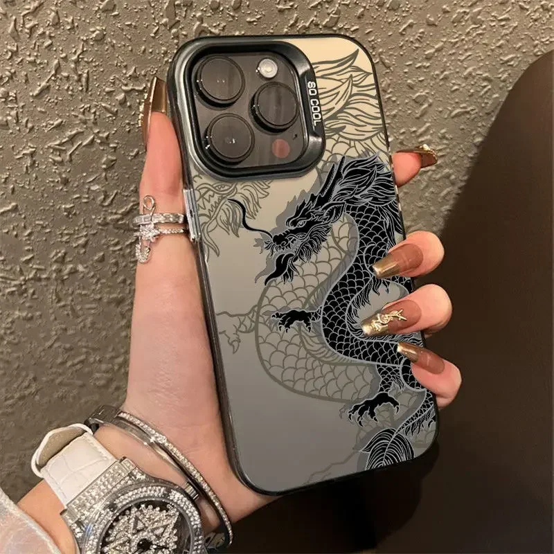 

Luxury Cool Black Mysterious Dragon Case For iPhone 15 Pro Max 15 14 13 12 11 Pro XR XS 7 8 Plus Lens Protect Plating Covers