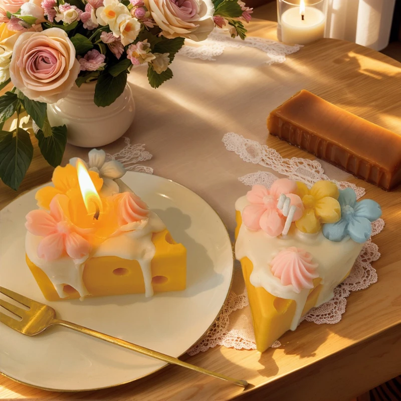 Vela perfumada de rodajas de tarta de queso con adorno floral, bonito diseño de postre, aromaterapia, acento decorativo para el hogar y regalo creativo