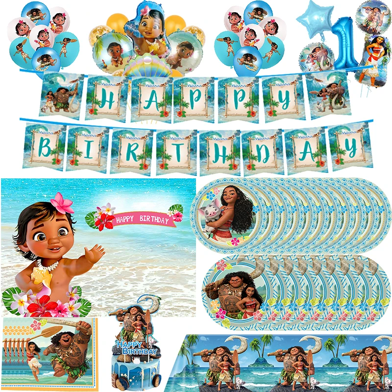 New Disney Moana Birthday Decoration Tableware Balloons Cups Plates Set Banner Vaiana Moana Theme Birthday Party Deco Supplies