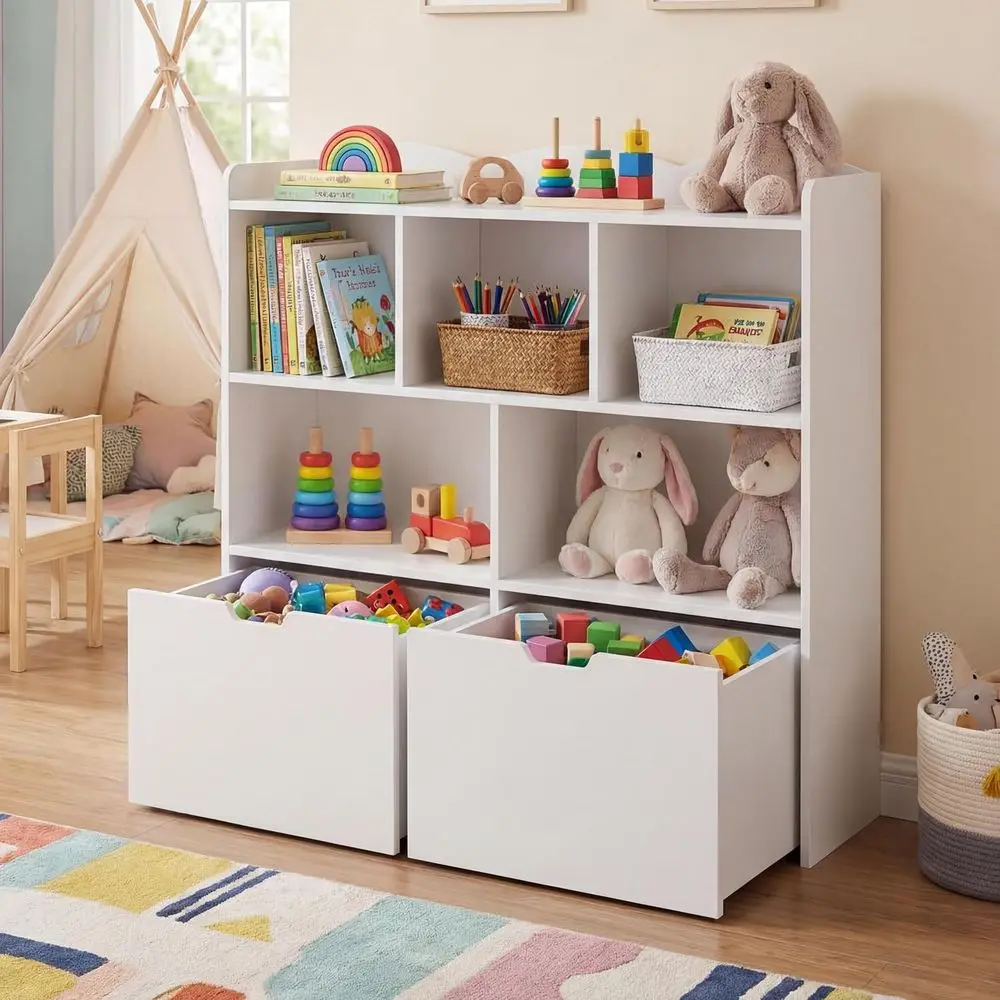 

Children's Toy Organizer and Bookshelf Cabinet, Suitable for Playroom, Bedroom, and Living Room, White