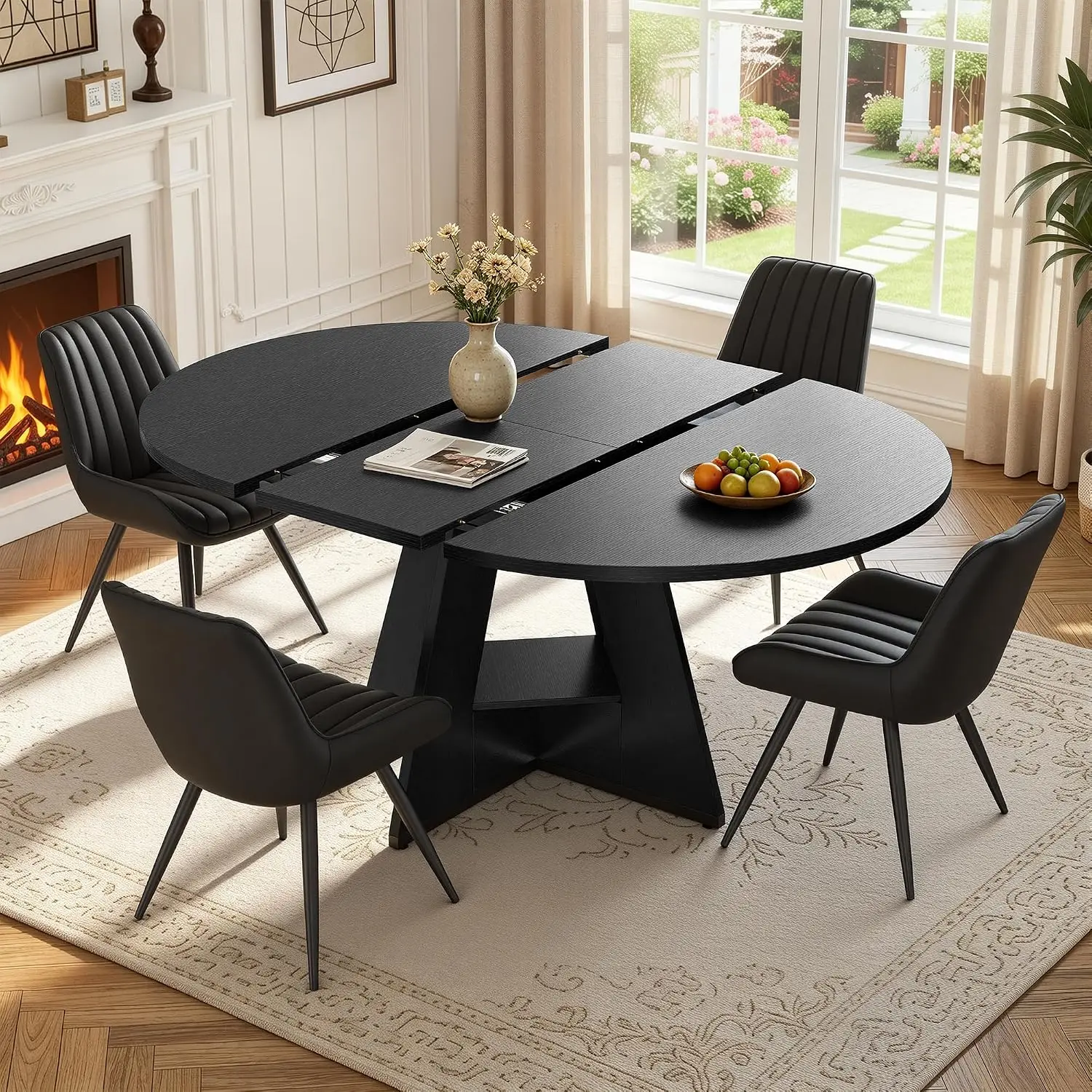 Extendable Round to Oval Table Set with Upholstered Chairs & Hidden Storage, 47