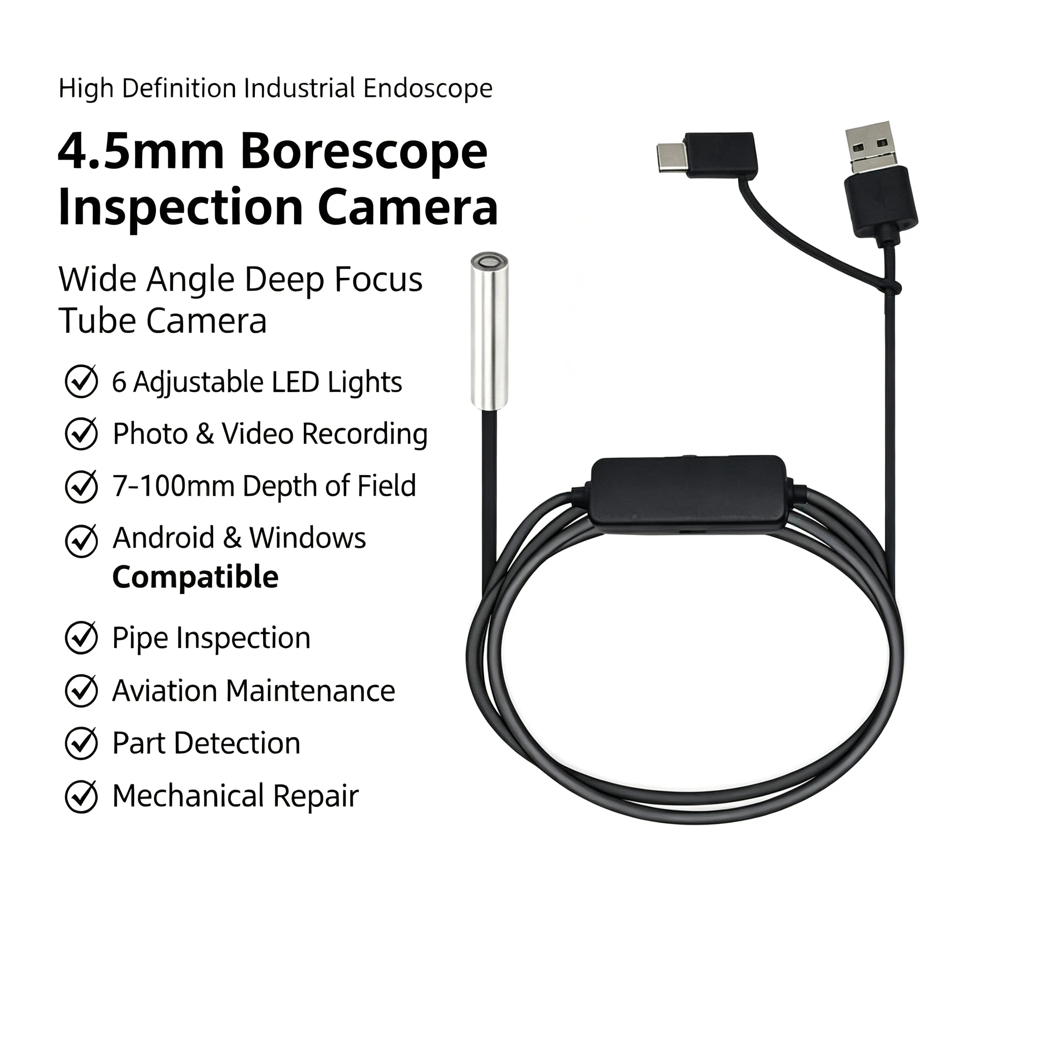 OV9734 4.5mm Waterproof Endoscope Camera HD Inspection Probe for Industrial Pipe Auto Repair Android