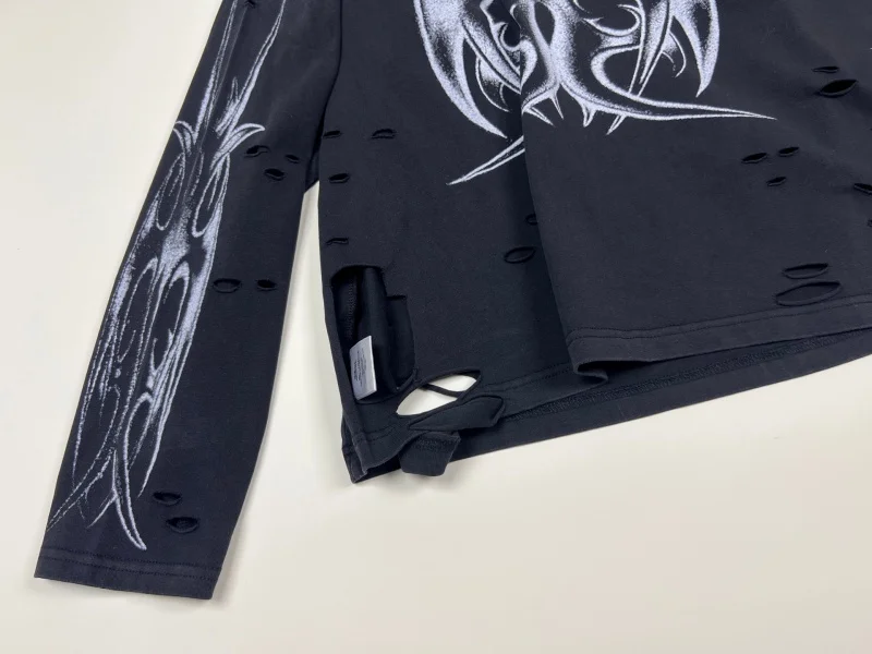 CHEW FOREVER Black Crew Neck Hip-Hop Skull Long-Sleeve T-Shirt for Men Women Retro Distressed Casual Loose Fit New Top