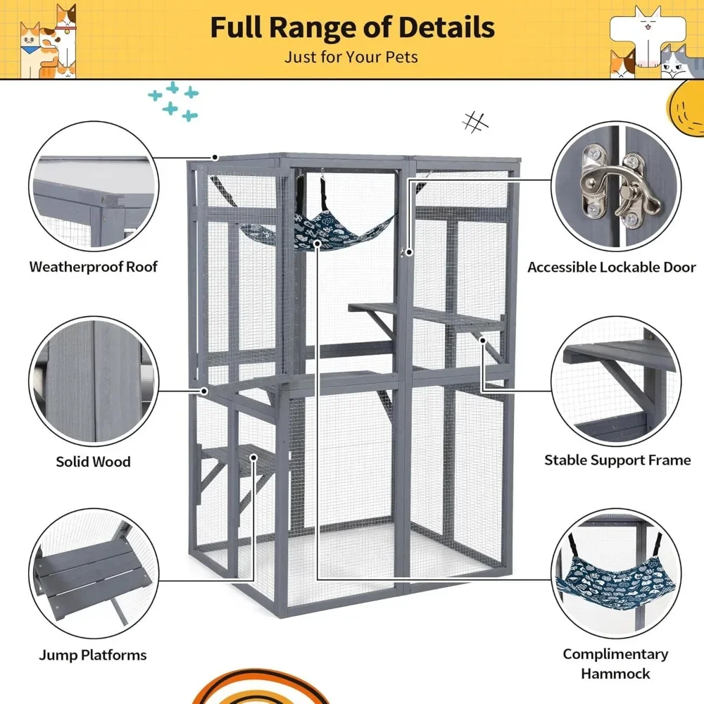 Cat House, Outdoor Cat Enclosure Window Access, Wood Cat House Shelter, Kitty Cage with 3 Platforms for Patio Indoor, Cats Cages