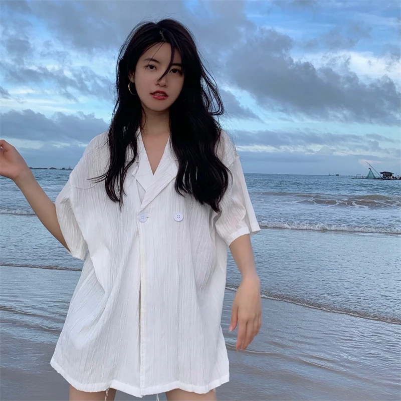 

Женская свободная рубашка с коротким рукавом, весенне-летняя, тонкая, большого размера, модная, стройнящая, трендовая, повседневная, в деловом стиле