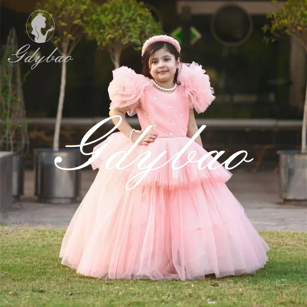 Pleat O Neck Crystal Short Sleeve A Line Elegant Flower Girl Dress Floor Length Long Ball Formal First Communion Gown Customized