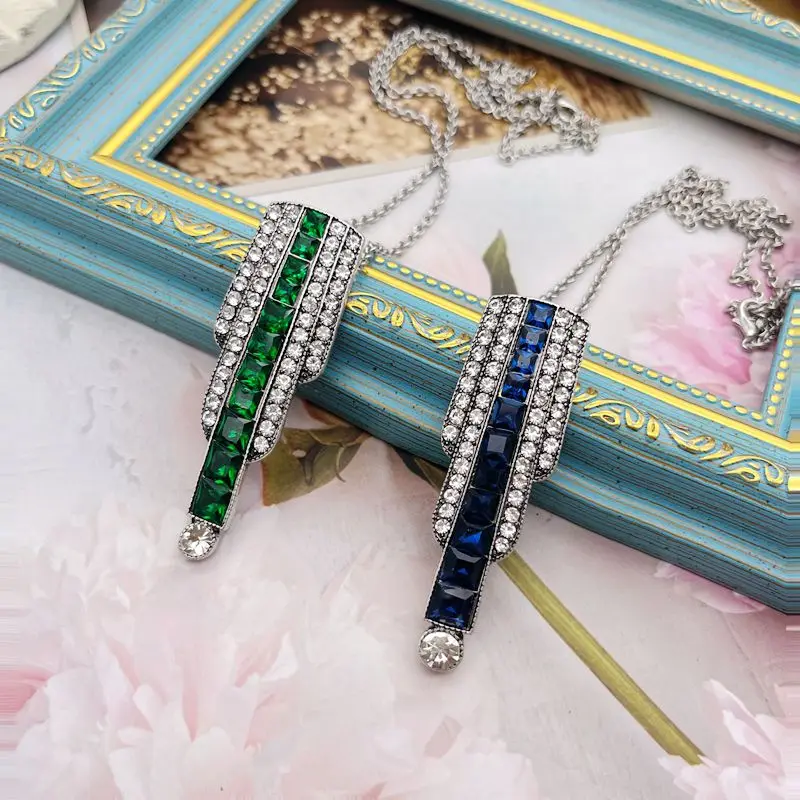 Long Pendant Glass Stone Necklace Rhinestone Green Blue Simple Deco Jewelry For Women
