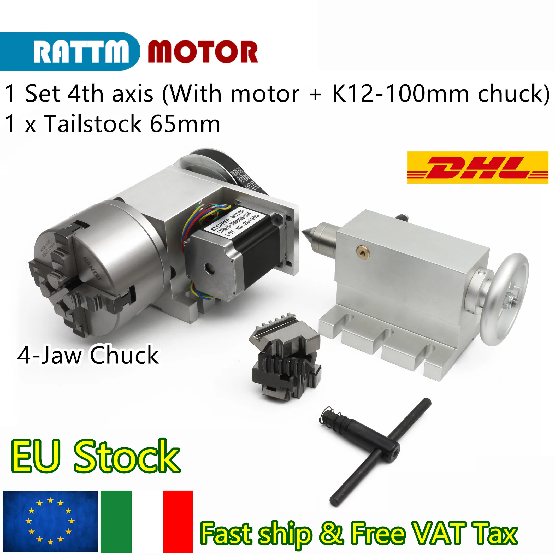 【EU no VAT】cnc 4th axis rotary 4 jaw chuck K12-100mm Center height 65MM activity tailstock with Stepper motor Rotary Axis 4axis