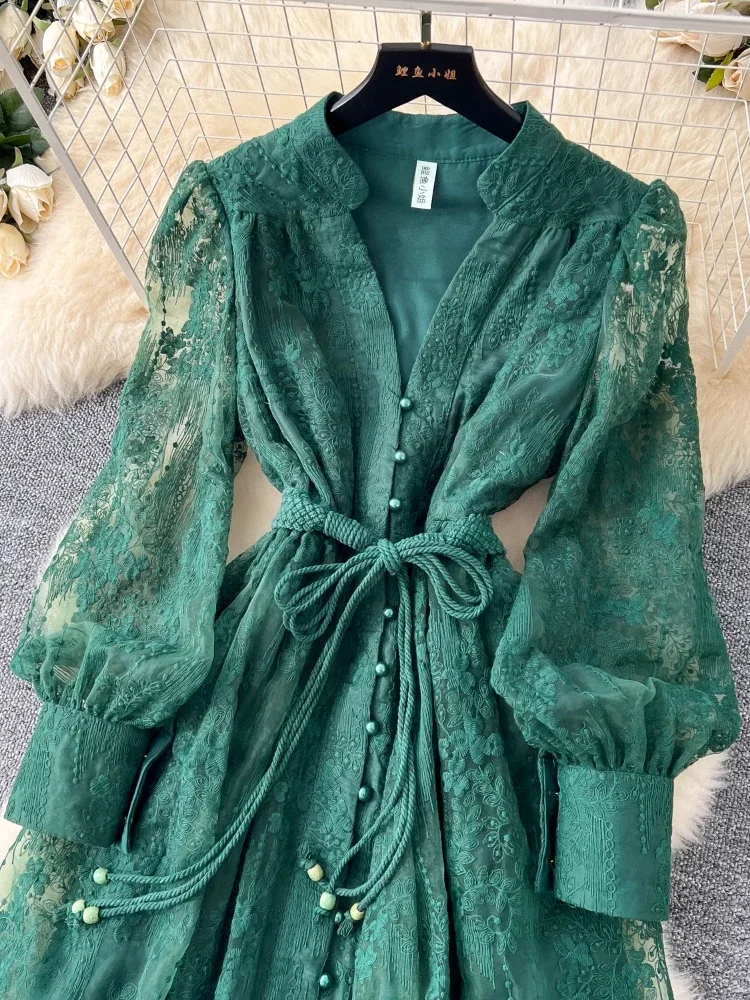 France Elegant Vintage High End Evening Dress Women Embroidery Sashes Luxury Long Party Dress Female Casual Fit Chic Clothing