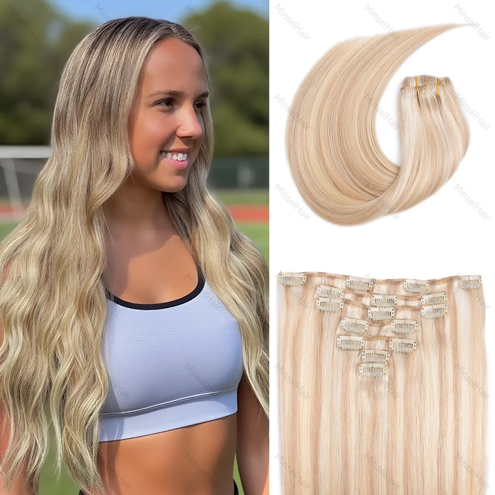 P18-60 Rambut Asli Pirang Model Jepit, Hairpiece Alami Kualitas Remy, Umur Pakai 1 TAHUN+, Lembut & Halus 120G 12-22 inci 7pcs