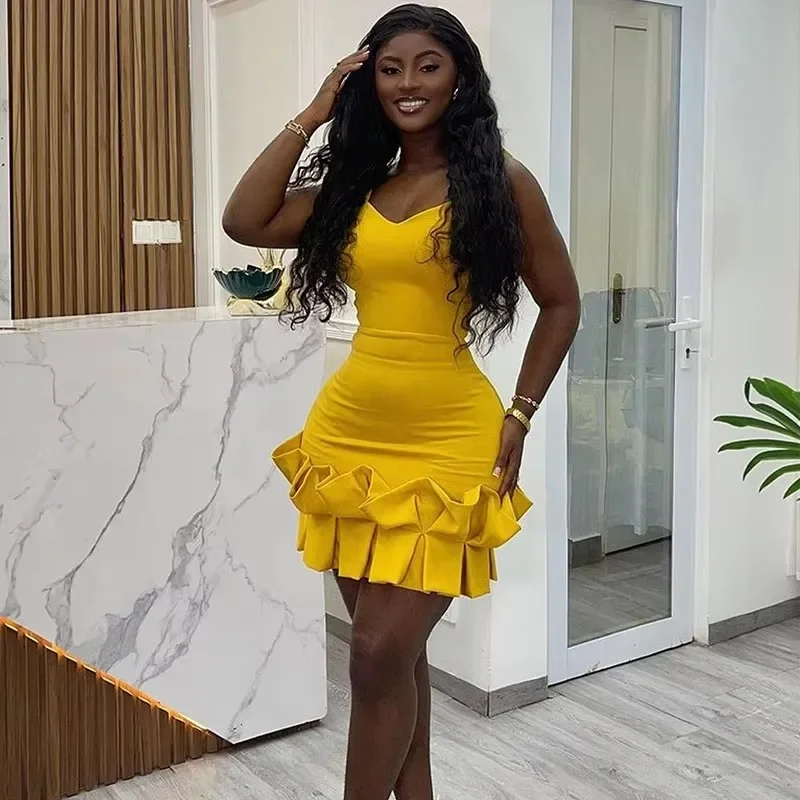 Sexy Spaghetti Strap V-neck Party Mini Dresses Woman Night Club Sleeveless Sheath Backless Ruffles Hem Bodycon Dress Birthday