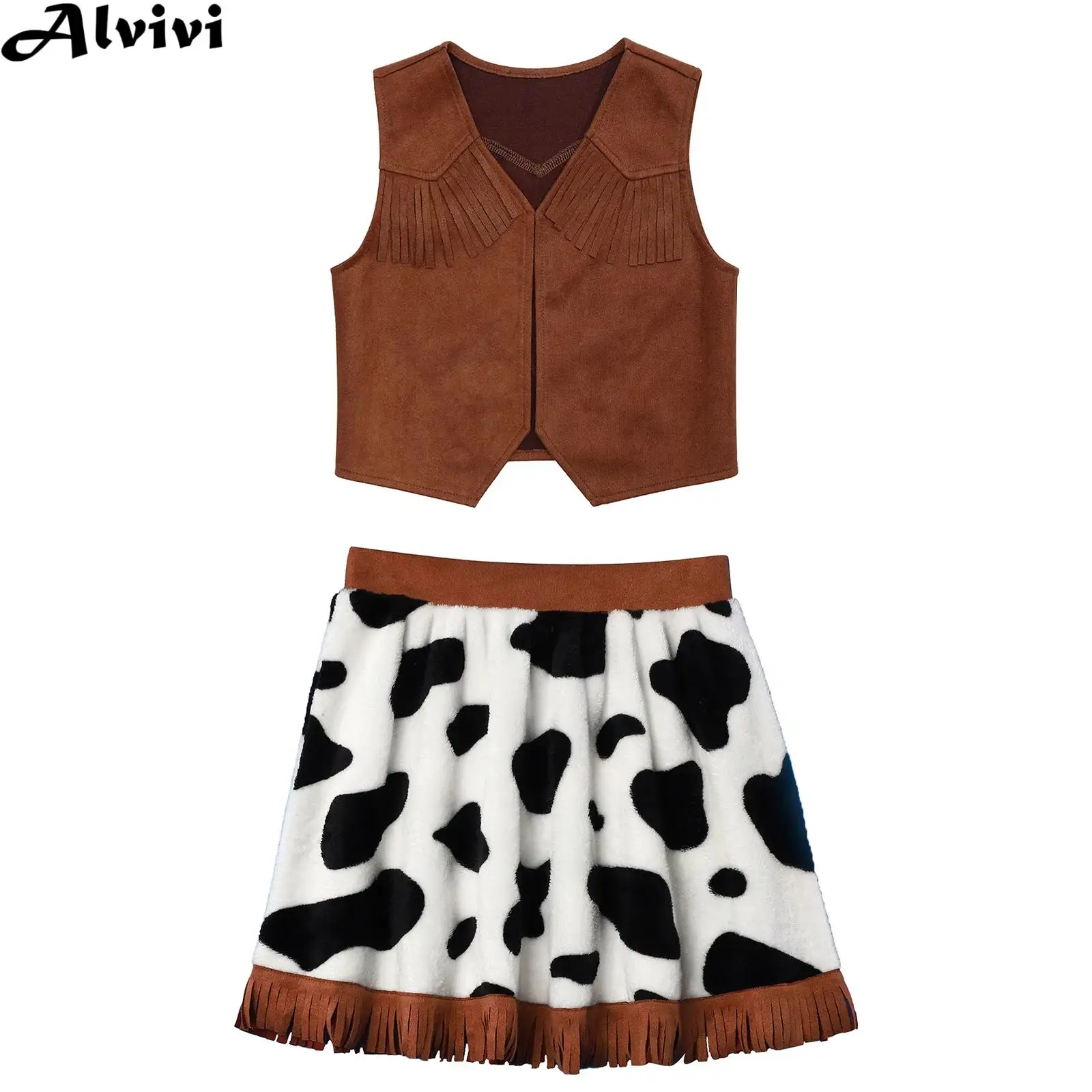 

Детский карнавальный костюм в стиле пастушки на Хэллоуин для девочек, жилет с бархатной замшевой юбкой с кисточками, ковбойская шляпа, бандана, комплект