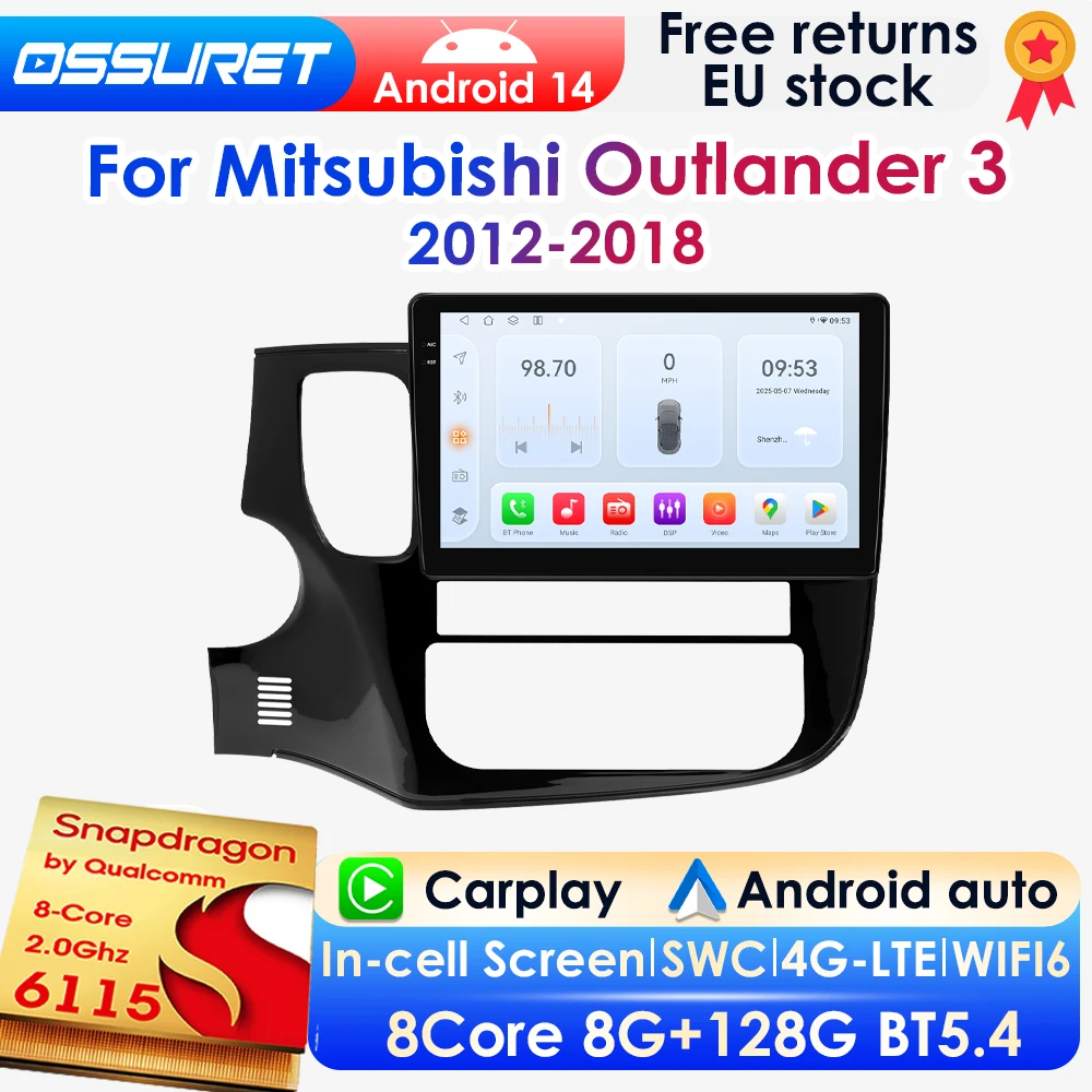 OSSURET Android 14 Auto-Multimedia-Player für Mitsubishi Outlander 3 2012–2018 GPS Carplay 4G DSP BT 360 Kamera von Snapdragon 6115