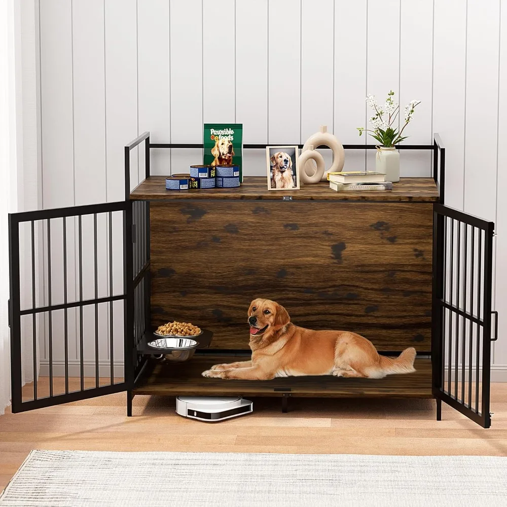 

Dog Cage Furniture with Rotating Feeder Bowls, Dog Kennel Indoor with Cushion, Dog Crates for Large Dogs, 48" L X 30" W 43" H,