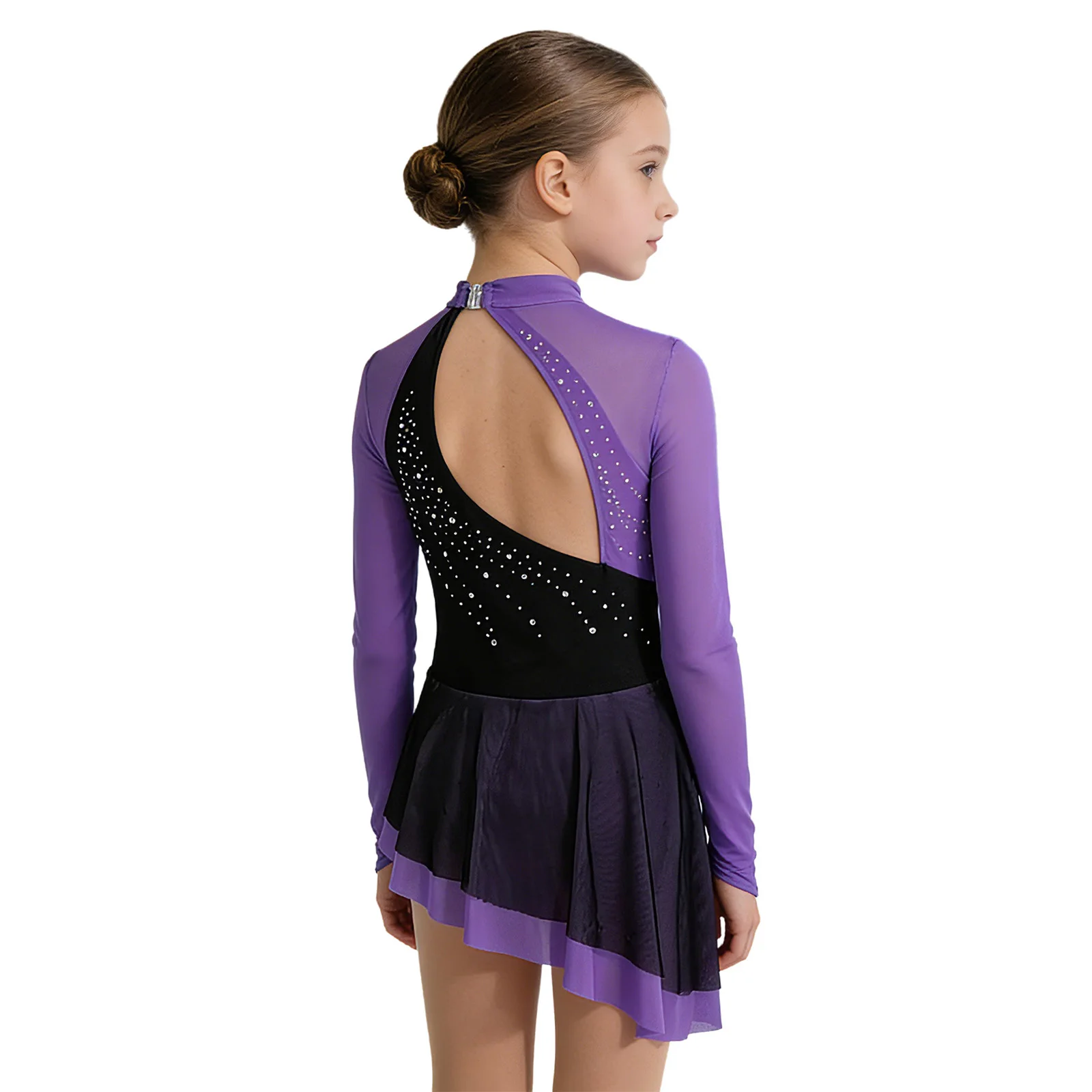 Mädchen Glitzer Gymnastik Eiskunstlauf Auftritts-Kostüm mit Fingerlöchern Ballett-Trikots Lyrisches Zeitgenössisches Tanzkleid