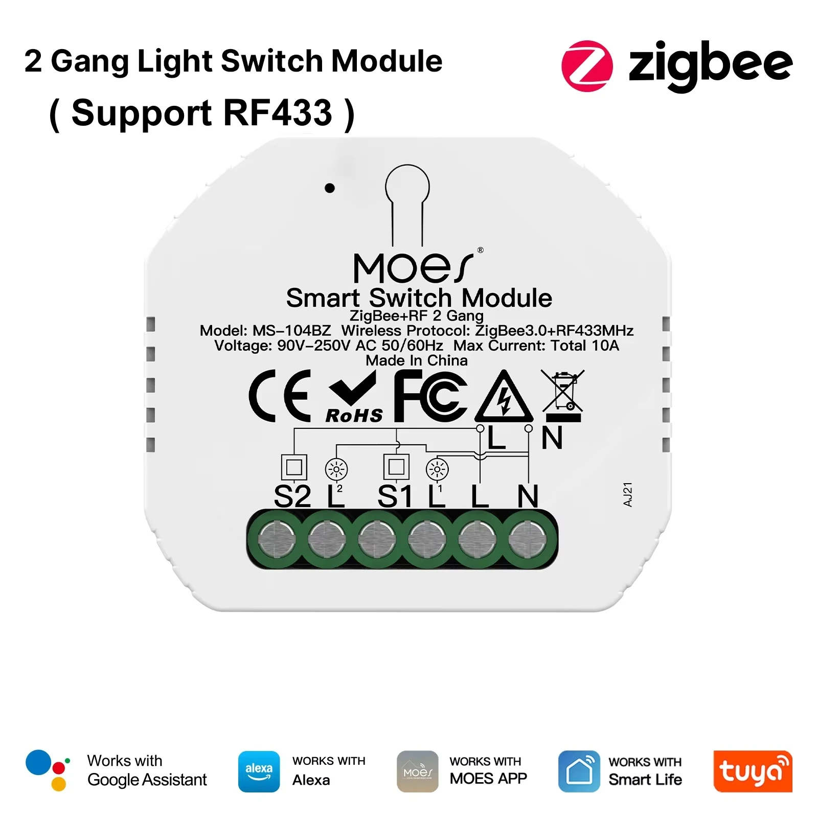 MOES Smart ZigBee WiFi 2-voudige schakelmodule, mini-schakelaar, bedienbaar via de Smart Life-app, afstandsbediening, compatibel met Alexa en Google Home, spraakbediening.