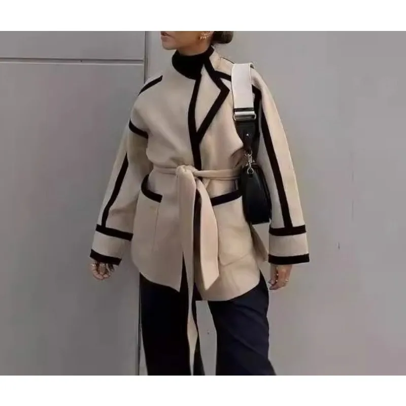 

Роскошное 25, новое женское элегантное повседневное двустороннее шерстяное пальто на осень-зиму с длинными рукавами на бретелях и контрастным цветом