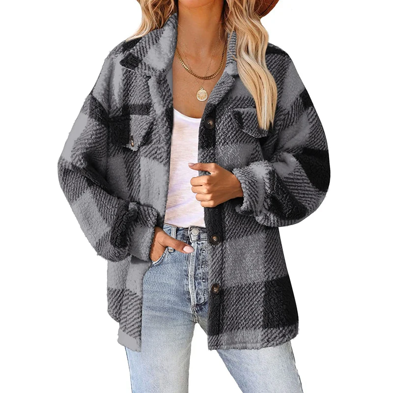 Autumn Winter Women's Plaid Printed Plush Warm Jacket Fashion Lapel Fleece Thickened Long Sleeve Coat Loose Cardigan Coat Tops image 4