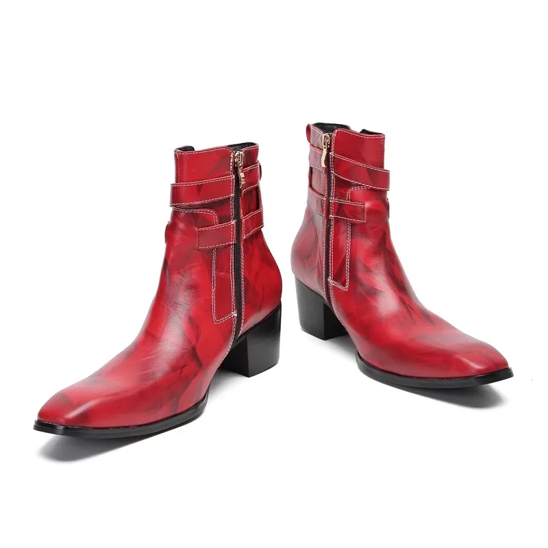 Luxury Design Square Toe Red Men Ankle Boots Wedding Party Dress Shoes Belt Buckle Decor High Heels Male Chelsea Boots