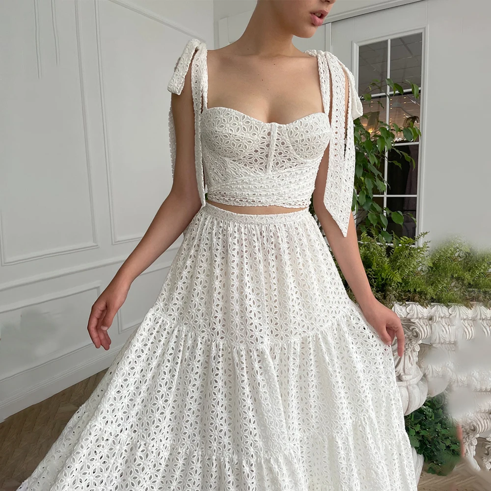 Two Pieces Cutout A Line Bridal Gown with Pockets Maxi Self-Tie Bow Customized Tiered Lace Bustier Chest Wedding Separate Dress