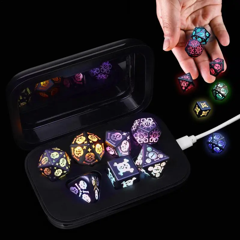 

7Pcs/set Light Up Dice Skull Pattern Multiple Sided Dice Rechargable Glowing LED Dices Electronic Luminous Dices for Table Game