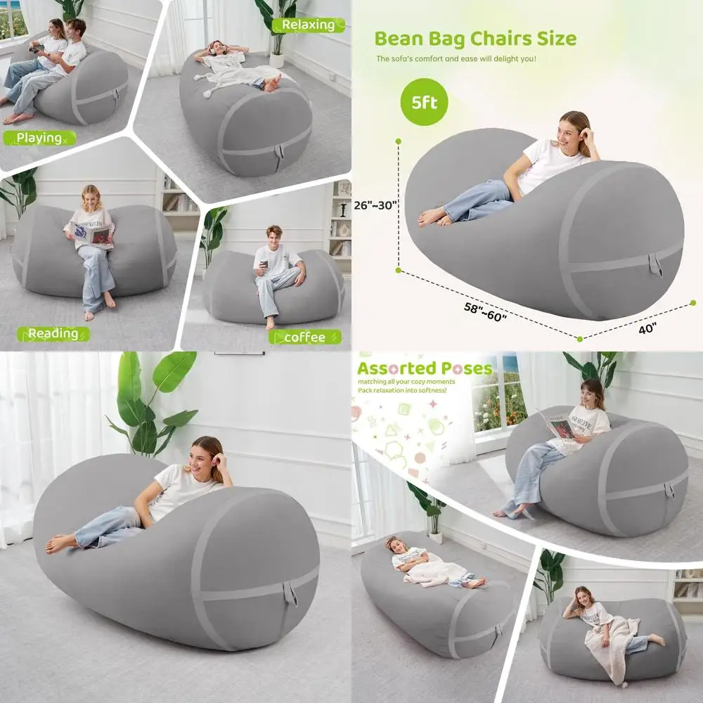 كرسي بين باج كبير مريح بطول 5 أقدام مع رغوة الذاكرة - رمادي فاتح للمعيشة وغرفة النوم وغرف القراءة #1