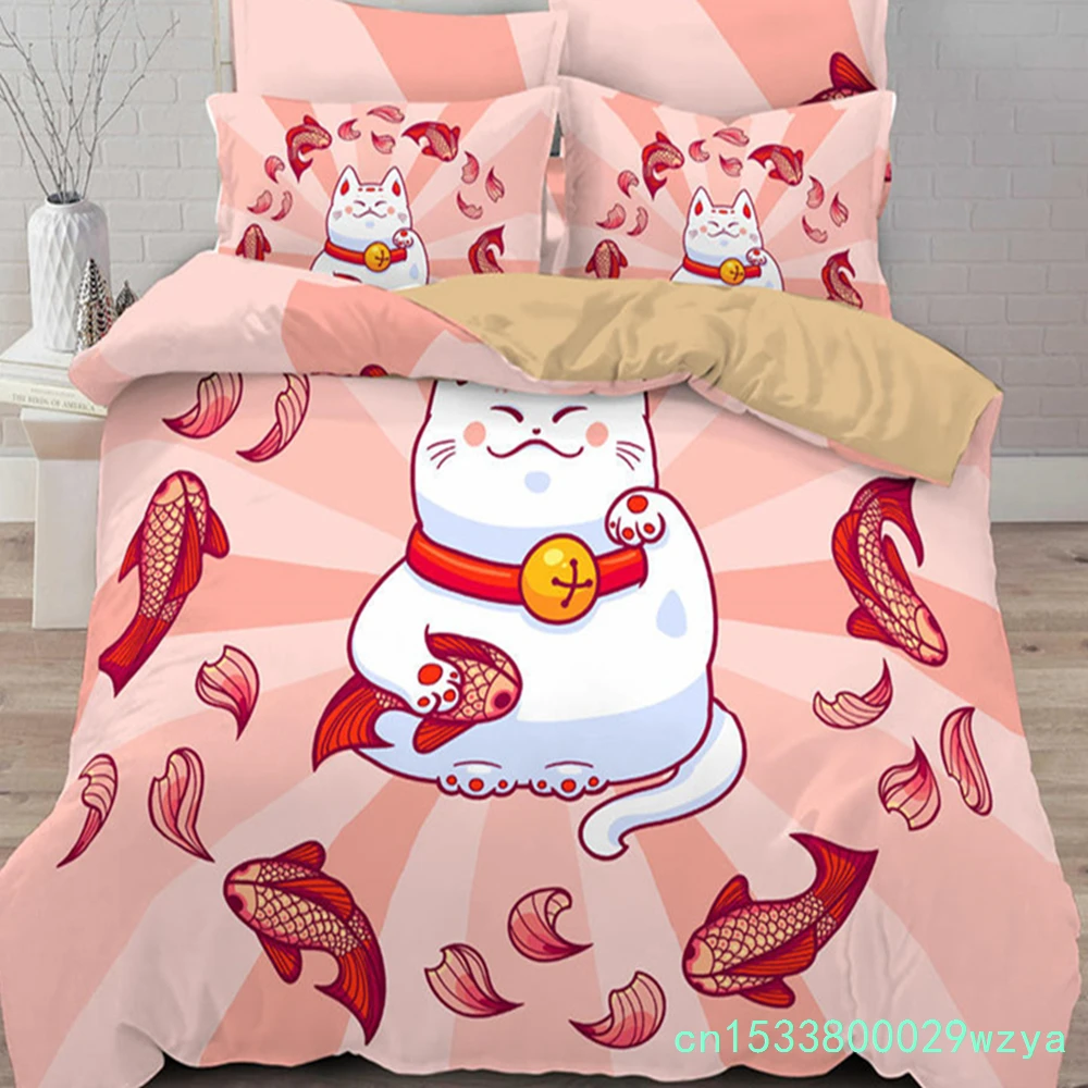 Lucky Cat Bedding Set For Kids Girls Boys 3D Print Floral Duvet Cover Set Microfiber Chinese Traditional Style Comforter Cover