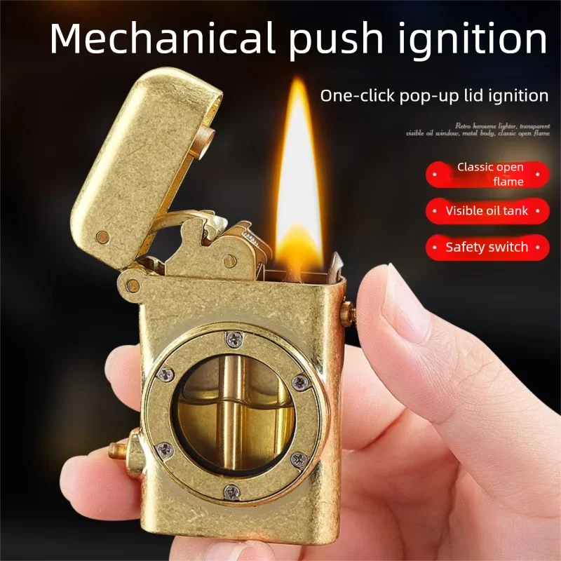 

Механический пресс в один клик, открытая крышка, зажигание, керосиновая зажигалка, видимое масляное окно, открытое пламя, ретро зажигатель с накаткой