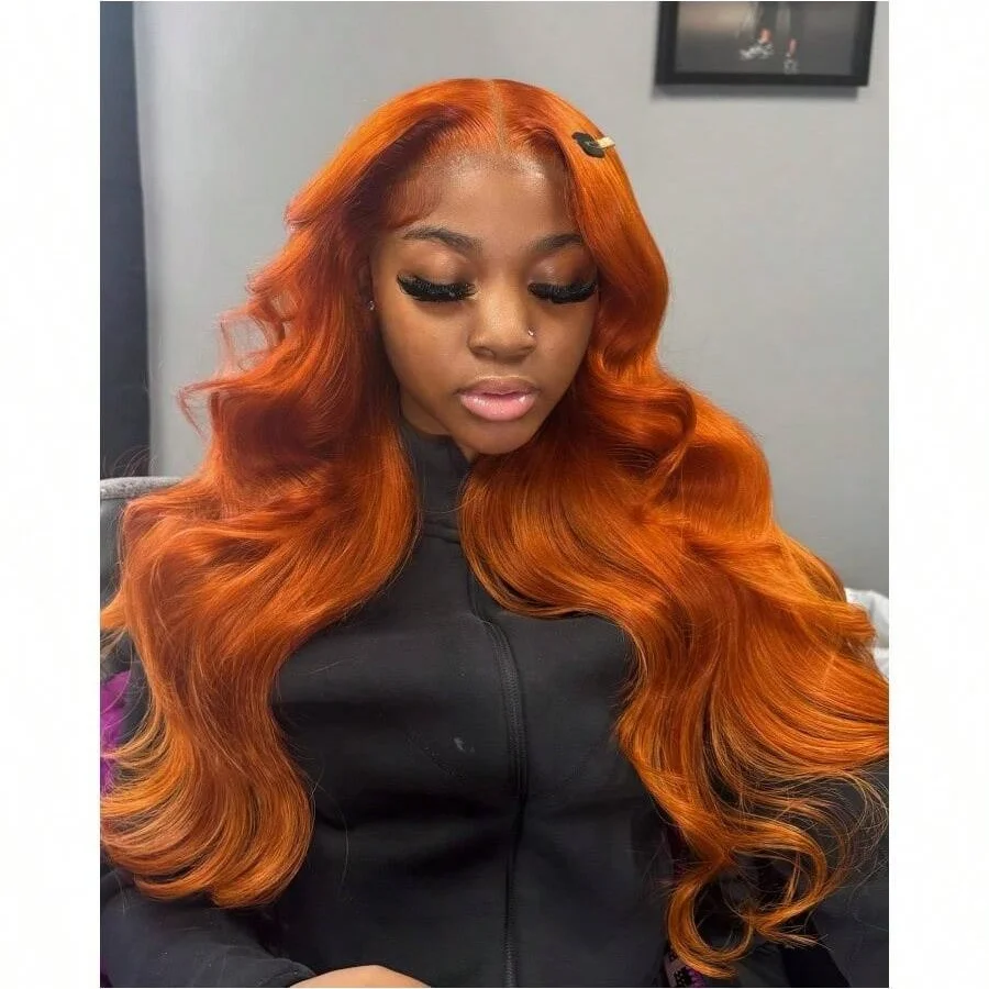 200% 34 pulgadas jengibre naranja cuerpo onda 13x4 pelucas frontales de encaje transparente brasileño prearrancado con pelo de bebé # 350 colores
