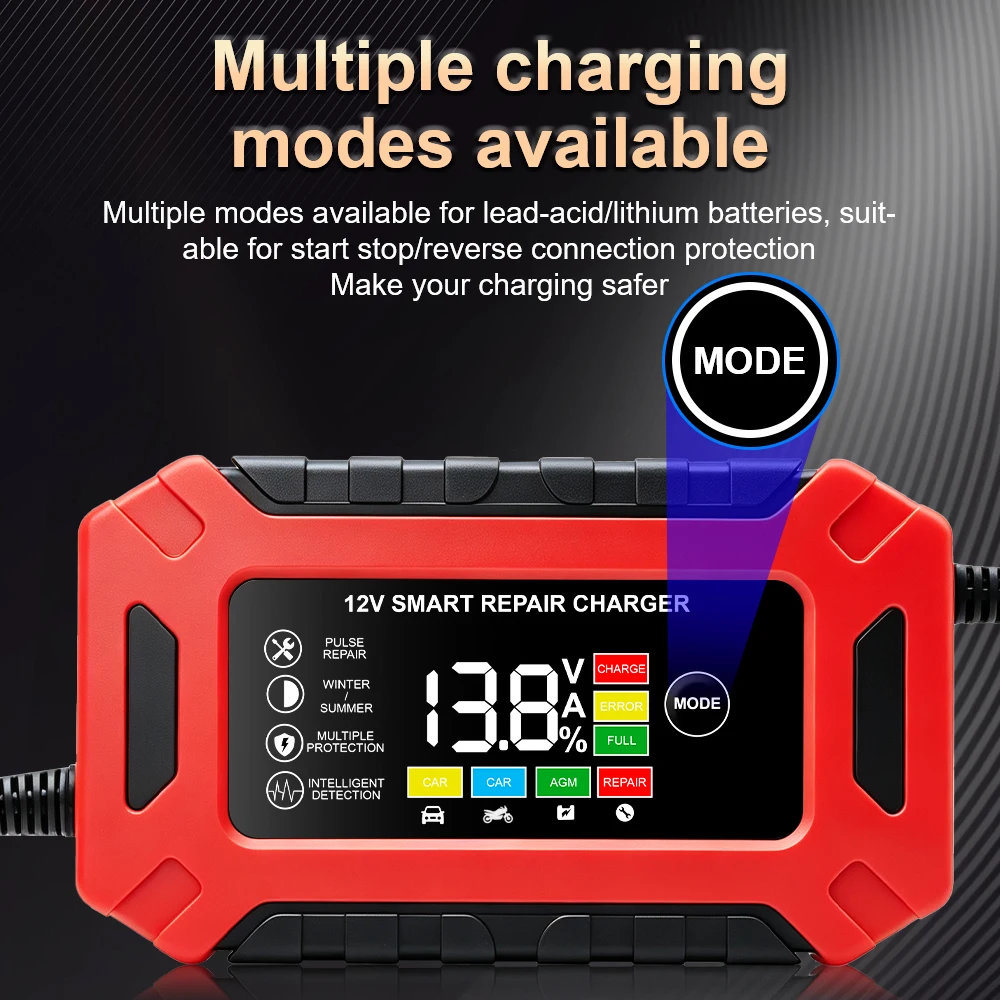 12V 6A Truck Motorcycle RV Charger Universal Car Smart Battery Charger Digital LCD Display Intelligent Fast Power Charging