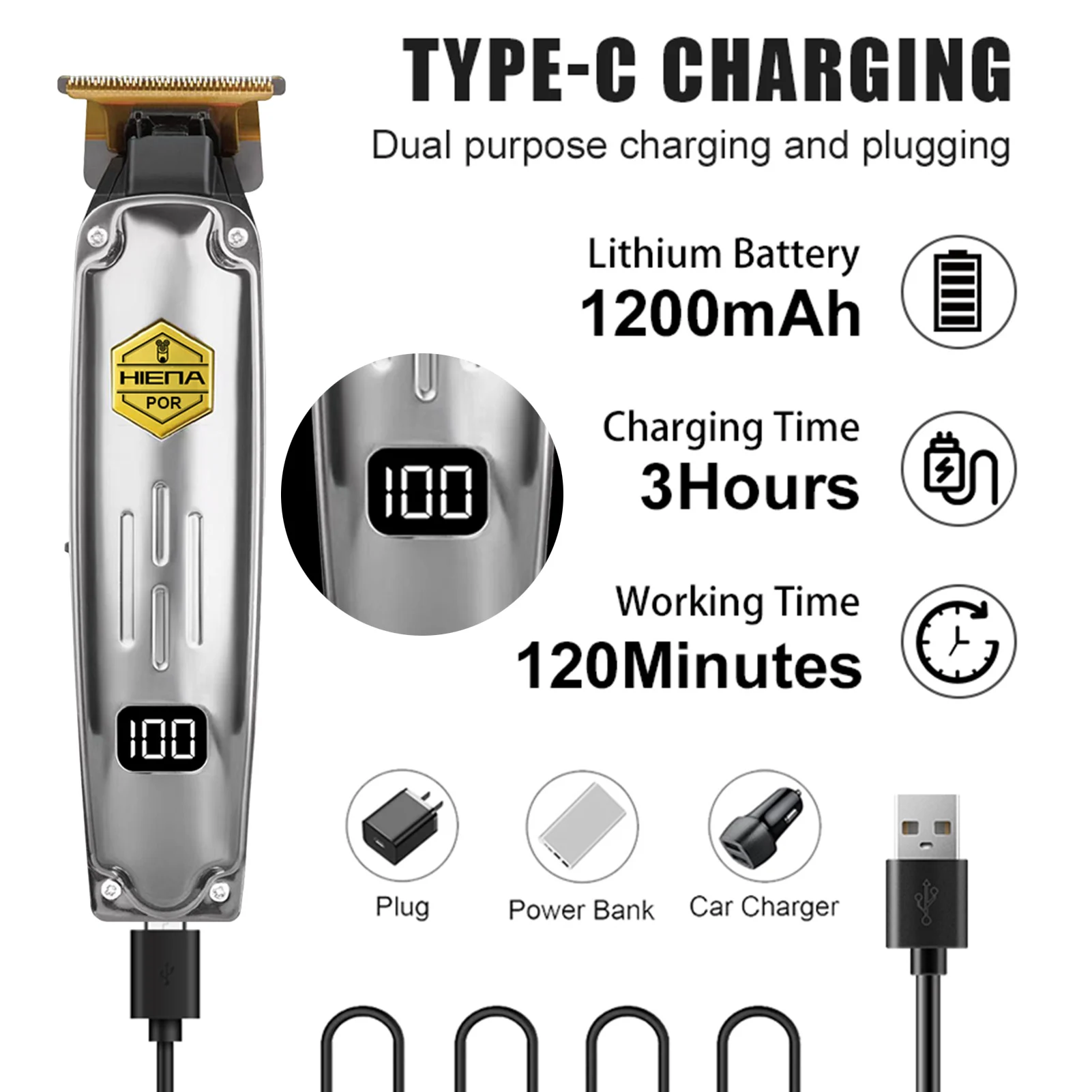 HYN مقص الشعر الكهربائية الذكية شاشة ديجيتال الشعر اللحية ماكينة حلاقة المهنية تصفيف الشعر نحت آلة قطع الشعر HIENA