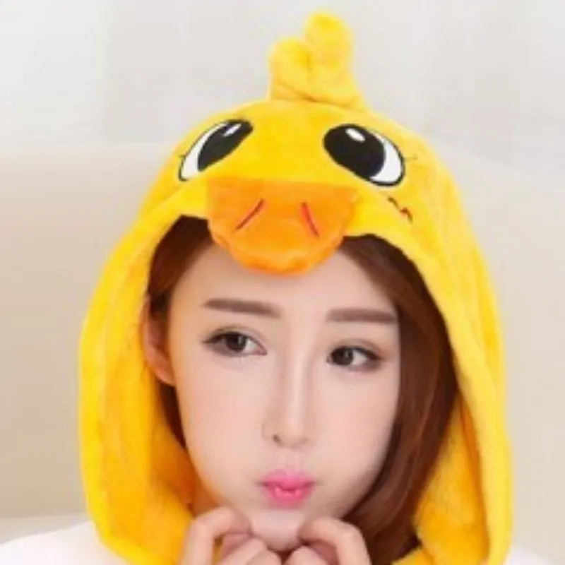 Cute Cartoon Yellow Duck cattle Flannel One-piece Hooded pajamas Lovely Onesie Couple Cosplay Sleepwear Leisure wear Women