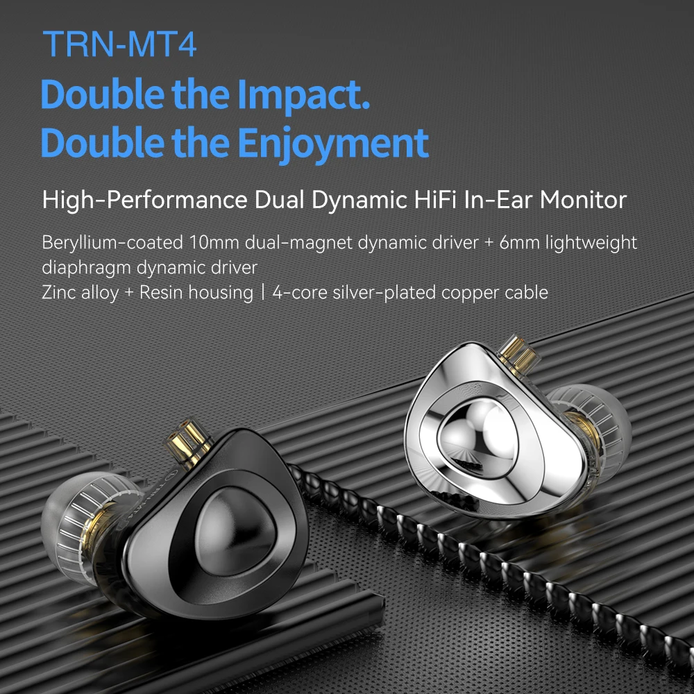 TRN MT4 In Ear Ring Iron Convertible HIFI Listening Earphones with Mic, Line Control, Dual Magnetic Circuit Dynamic Coil