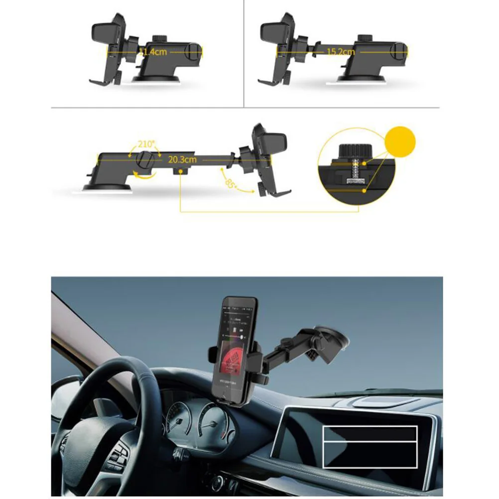

Universal Car Phone Holder Mount 360 Degree Rotation Air Vent Dashboard Cradle for 5-58 Inch Devices Sucker Base Telescopic Arm
