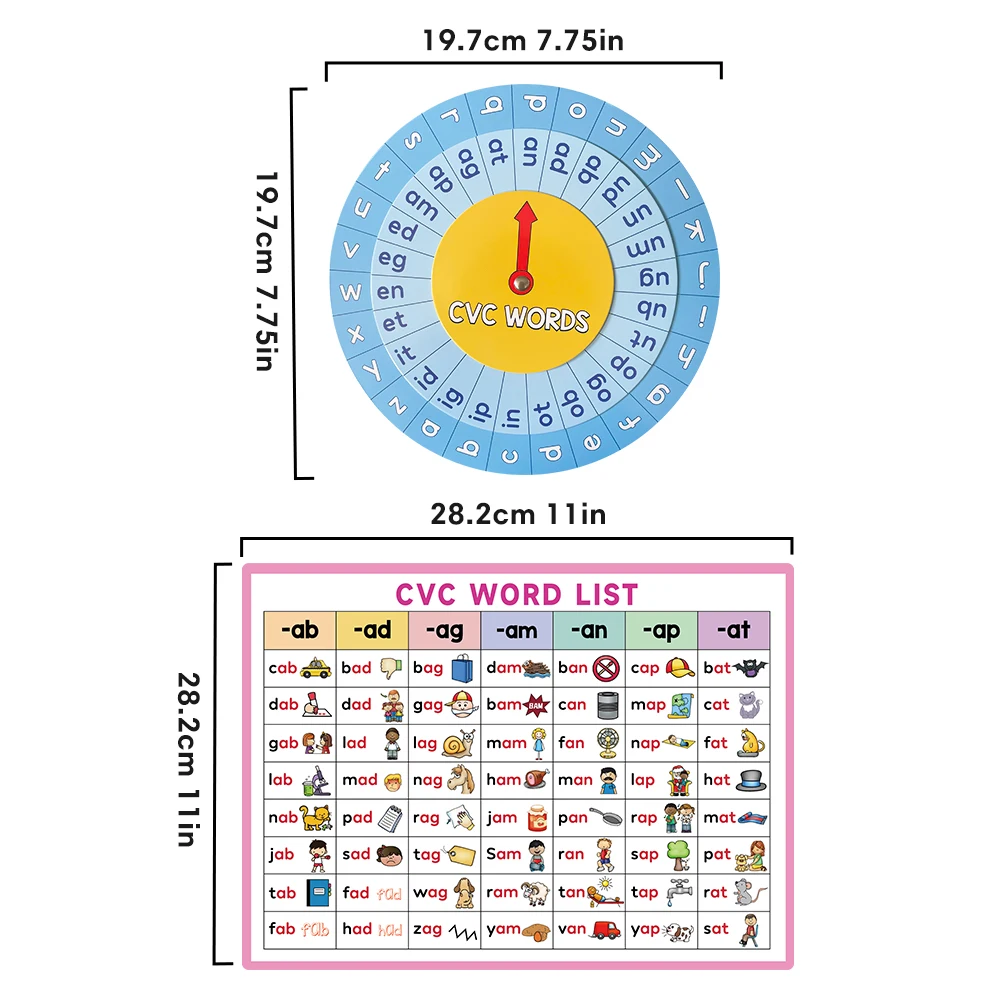 قائمة كلمات مونتيسوري CVC، القرص الدوار لـ CVC Phonics، لعبة الدوارة، وسائل تعليمية لمعلم اللغة الإنجليزية، ألعاب التهجئة، اللوازم المدرسية المنزلية