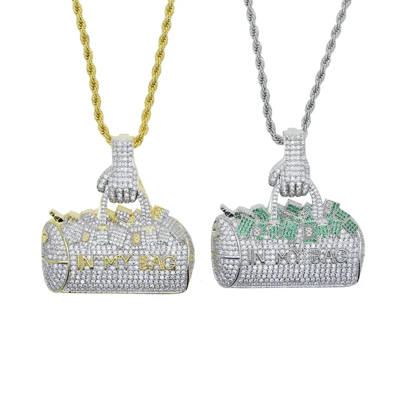 

Full Micro Paved 5A Cubic Zirconia Bling White Green CZ Dollar Money in My Bag Pendant Necklace Hip Hop Ice Out Men Jewelry