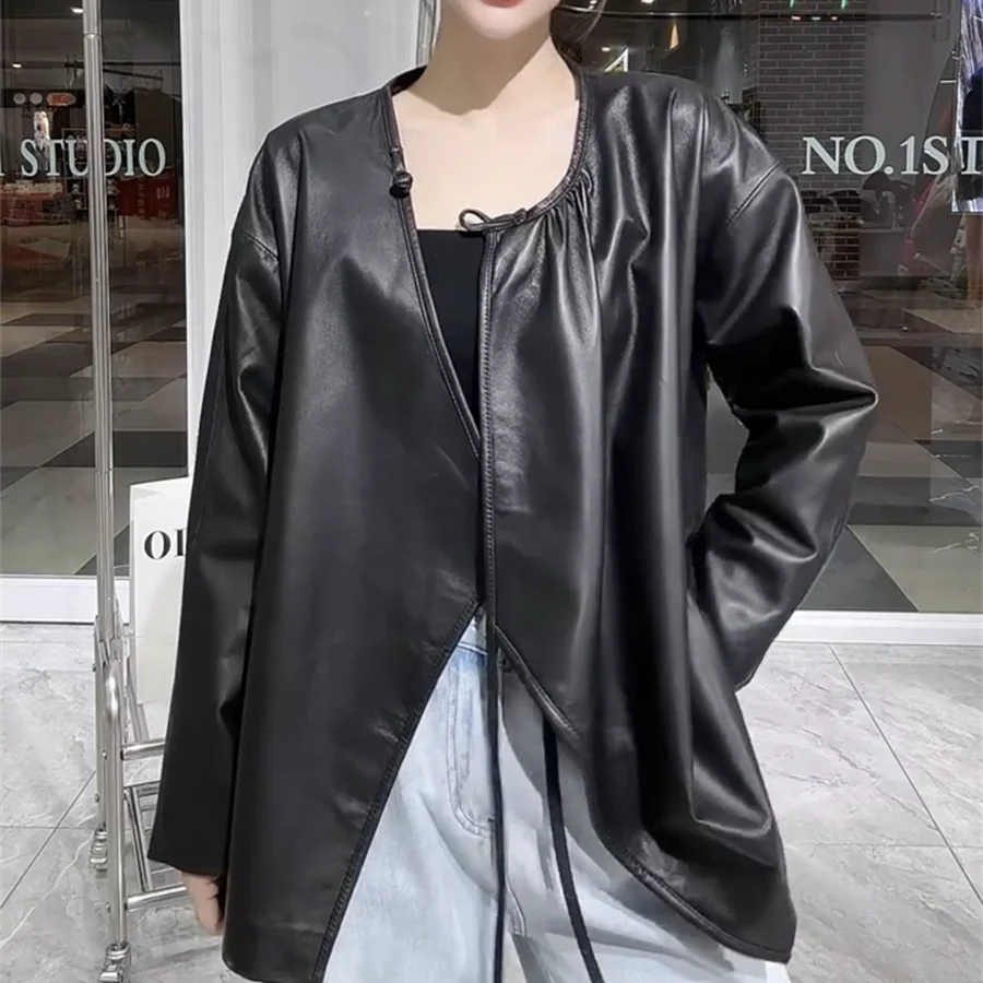 

Ning Genuine Leather Jaet Women's eepskin Coat ort Bla Loose Fit Youth Commuter Sle Long Sve Spring Jaet