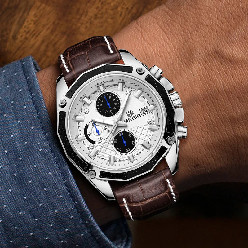 MEGIR 2015 براون موضة كرونوغراف الطلاب ساعات كوارتز للرجال حزام من الجلد ساعة يد رياضية عادية مع ساعات التاريخ #4