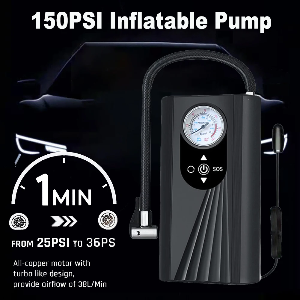 

Перезаряжаемый воздушный насос 150Psi, портативный компрессор, цифровой беспроводной автомобильный насос для накачивания шин для велосипедных шариков