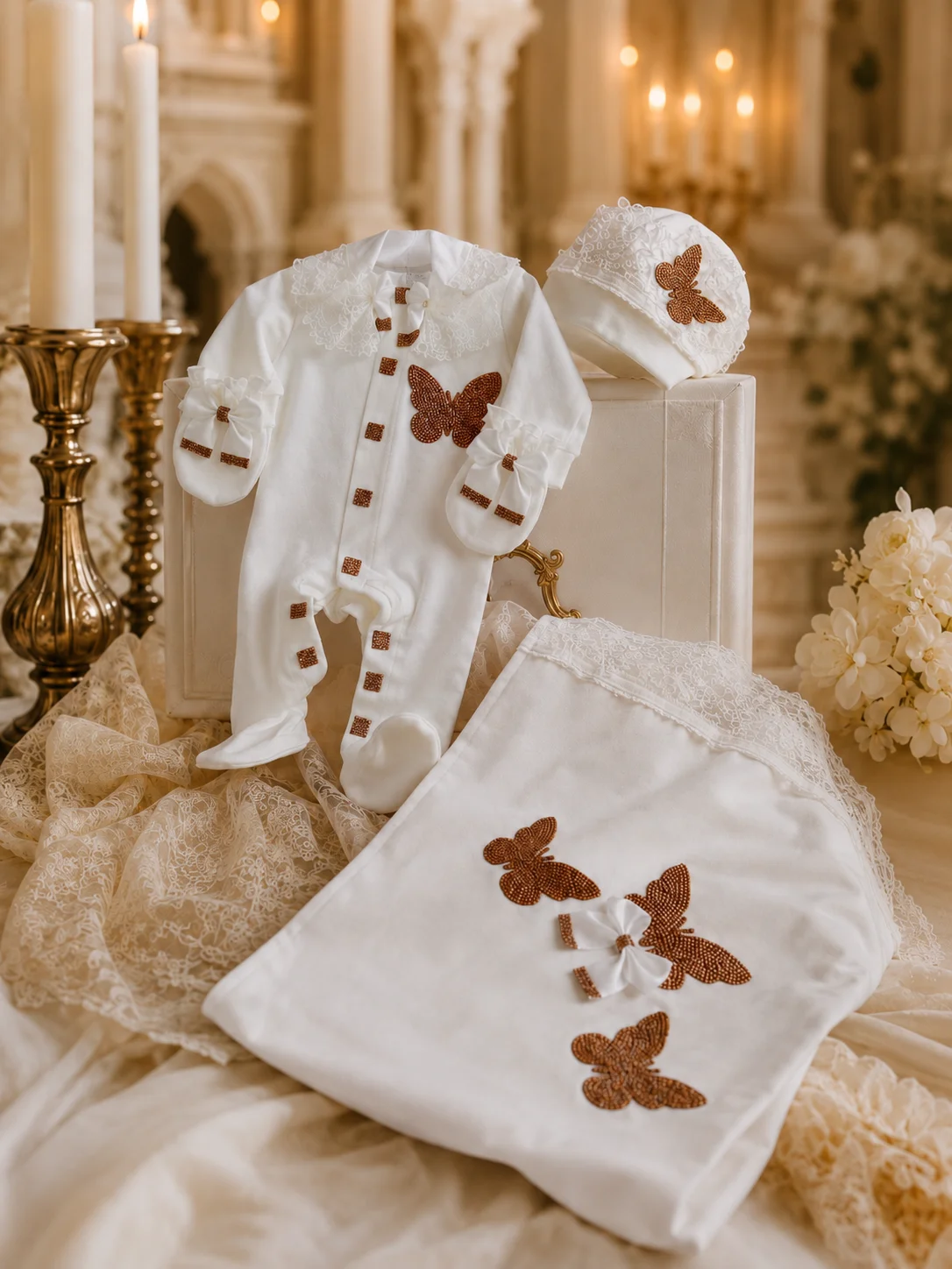 Cream Low Saturation Texture Newborn Gift Box Champagne Rhinestone Butterfly Satin Bow Baby Girl Footed Jumpsuit 4 Pcs outfit