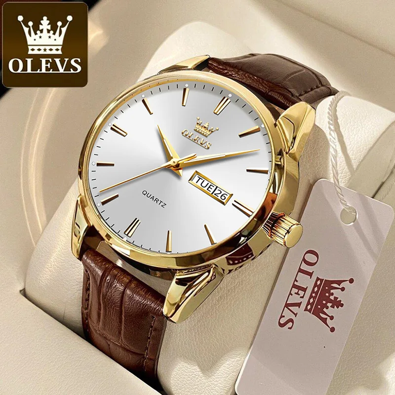 OLEVS New Top Original Brand Men\'s Watch Luxury Men Quartz Watches Breathable Leather Strap Waterproof Business Casual Men Watch