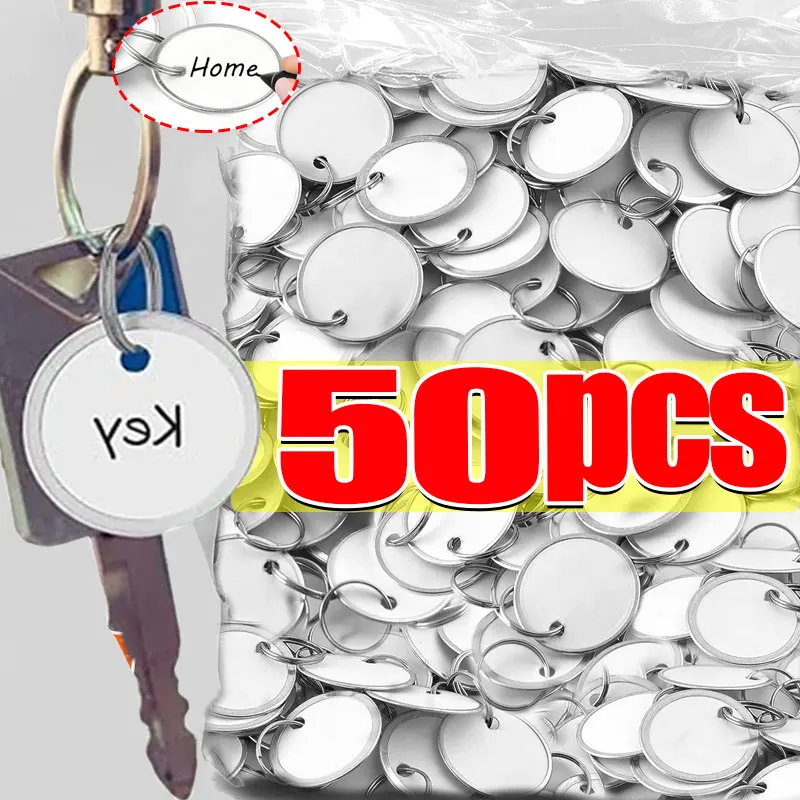 10-50pcs Metal Rim Key Tags Round Writable Blank Paper Labels with Key Rings Identifiers Key Chains For Backpack Luggage Pet