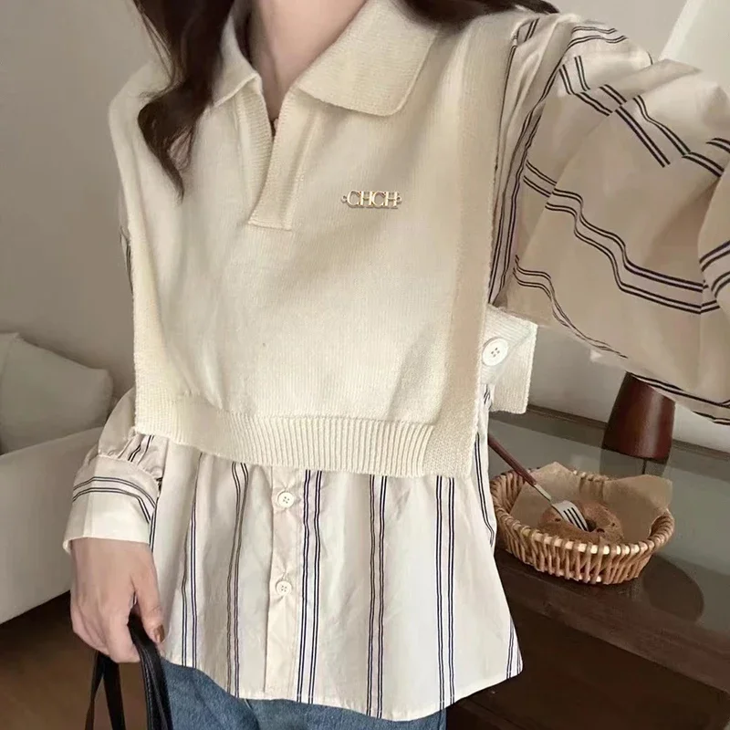 Women\'s Pullover Sweater Fashion Lantern Sleeve Female Pullover Sweater Brand Design Classic Solid Color Lady Fake Two-Piece Top