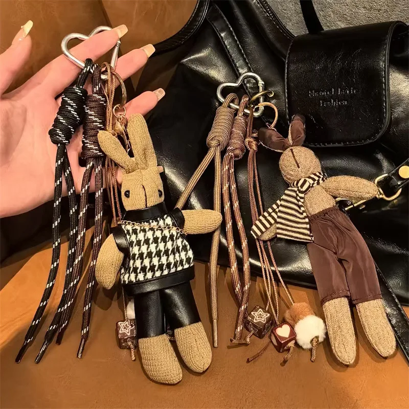 Rabbit Bag Charm Brown Bunny Doll Multi Charm Keychain With Striped Scarf For Purse Handbag Backpack Bag Accessory Gift For Her