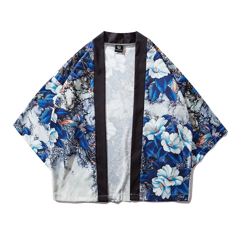 بلوزة كيمونو زرقاء على شكل زهور سترة كبيرة مقاس كبير فضفاضة للنساء والرجال أردية هاراجوكو اليابانية