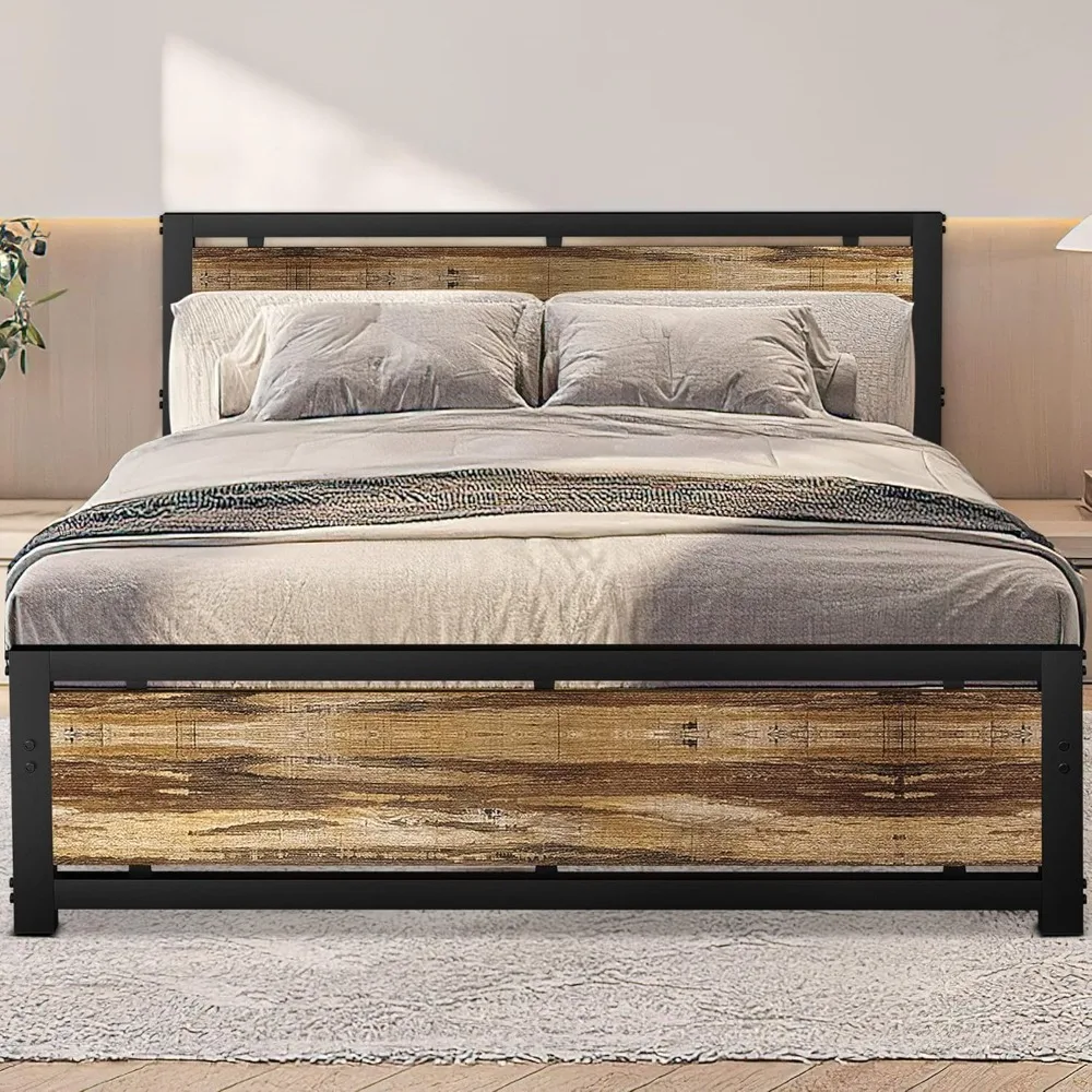 

Bed Frame with Headboard and Footboard, Heavy Duty Metal Platform Bed Frame, Rustic Style, No Box Spring Needed
