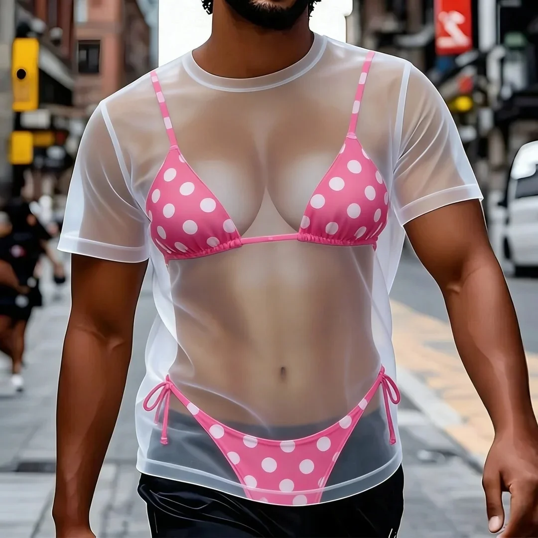 Funny bikini pattern T-shirt, 3D printed fake abdominal muscle short sleeved T-shirt, female role-playing costume, fun T-shirt