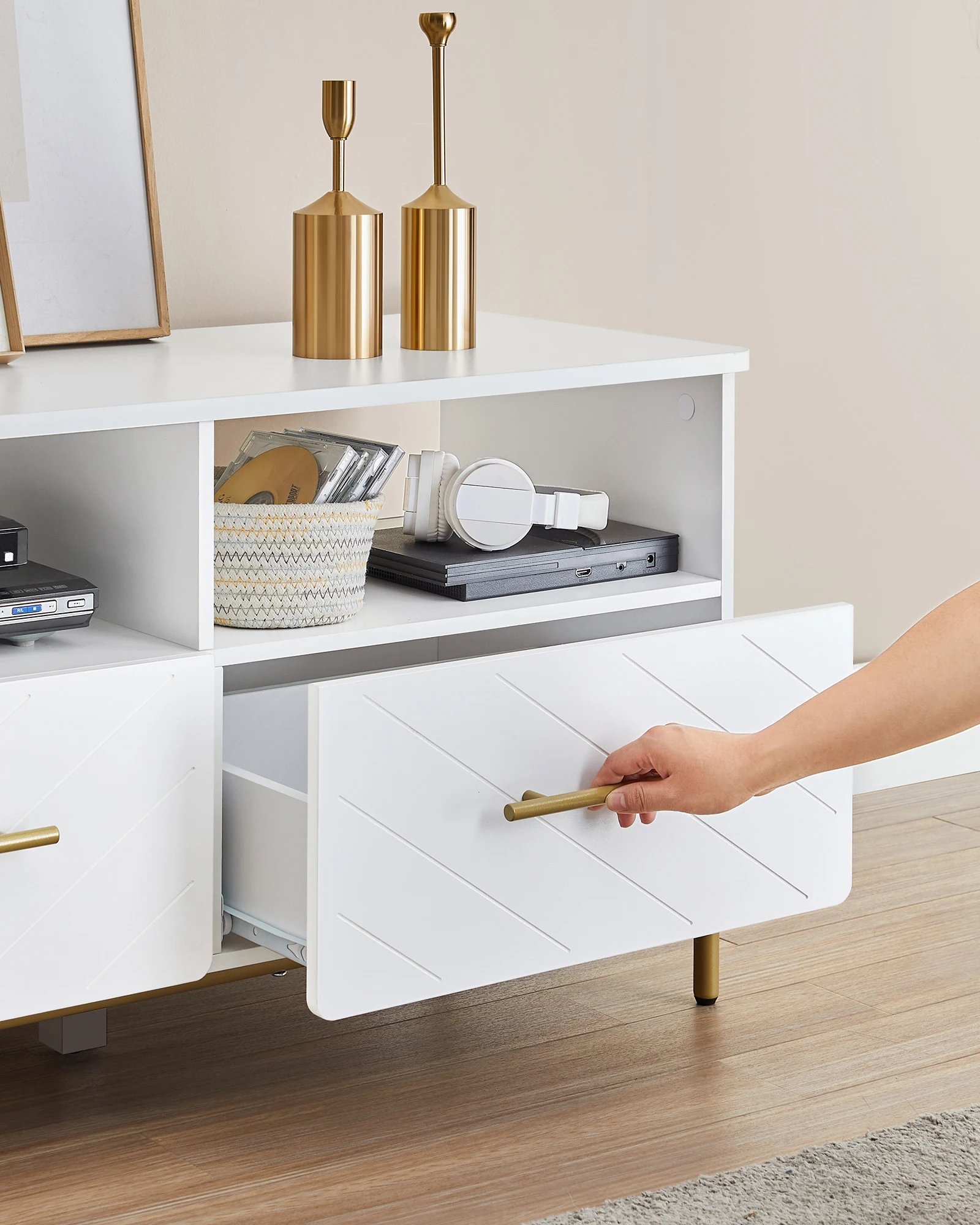 #Modern Luxury TV Stand White with Gold Accents 3 Drawers and 3 Open Compartments Elegant Living Room Furniture
