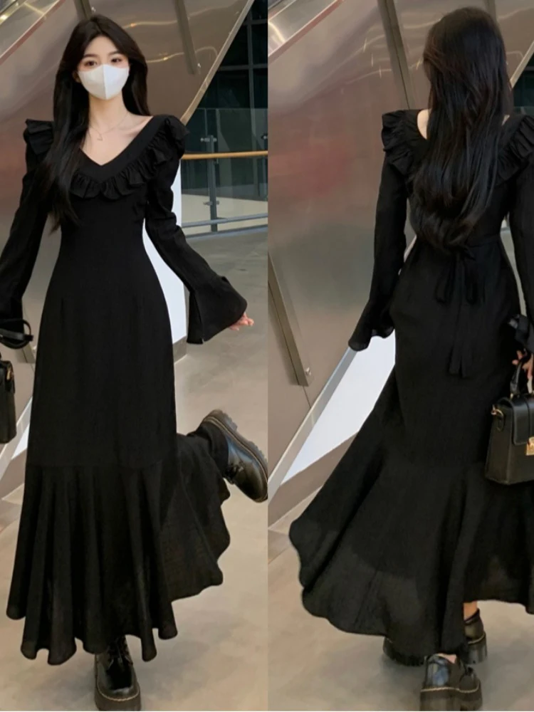 

Elegant Black V-Neck Fish Tail Long Dress Women's Style Commute High Waist Flared Sleeve Maxi Dress Spring Autumn Season